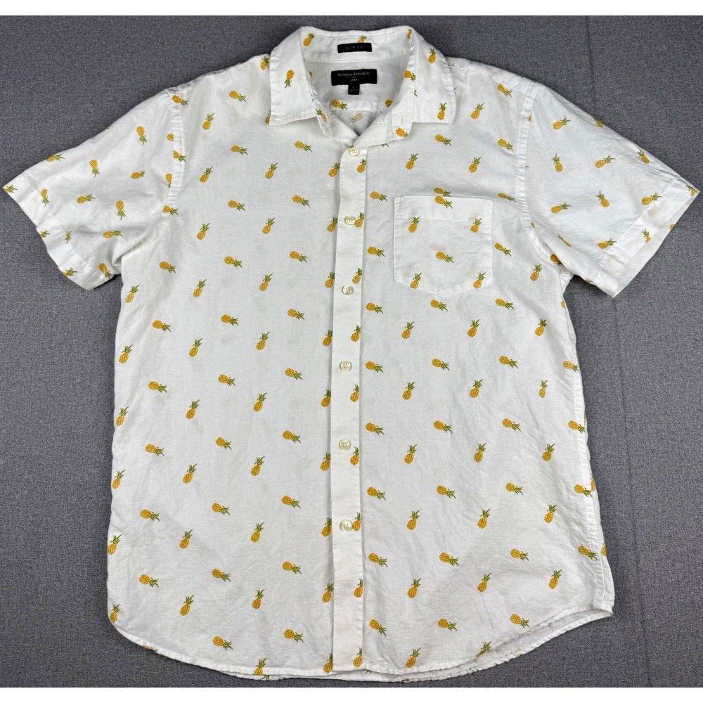 Banana Republic Mens L Linen Shirt Pineapple Print Slim Fit Short Sleeve White